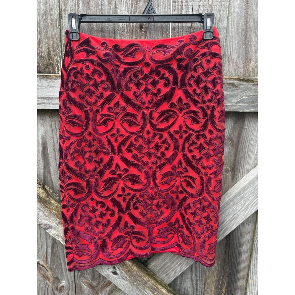 Kas New York Red Burgundy Velvet Burnout Mesh Pencil Skirt Small Damask Flocked